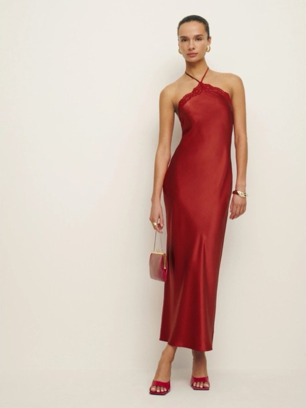 $330 NWT REFORMATION AARA SILK HALTER MAXI DRESS SIZE M MEDIUM TOMATO RED